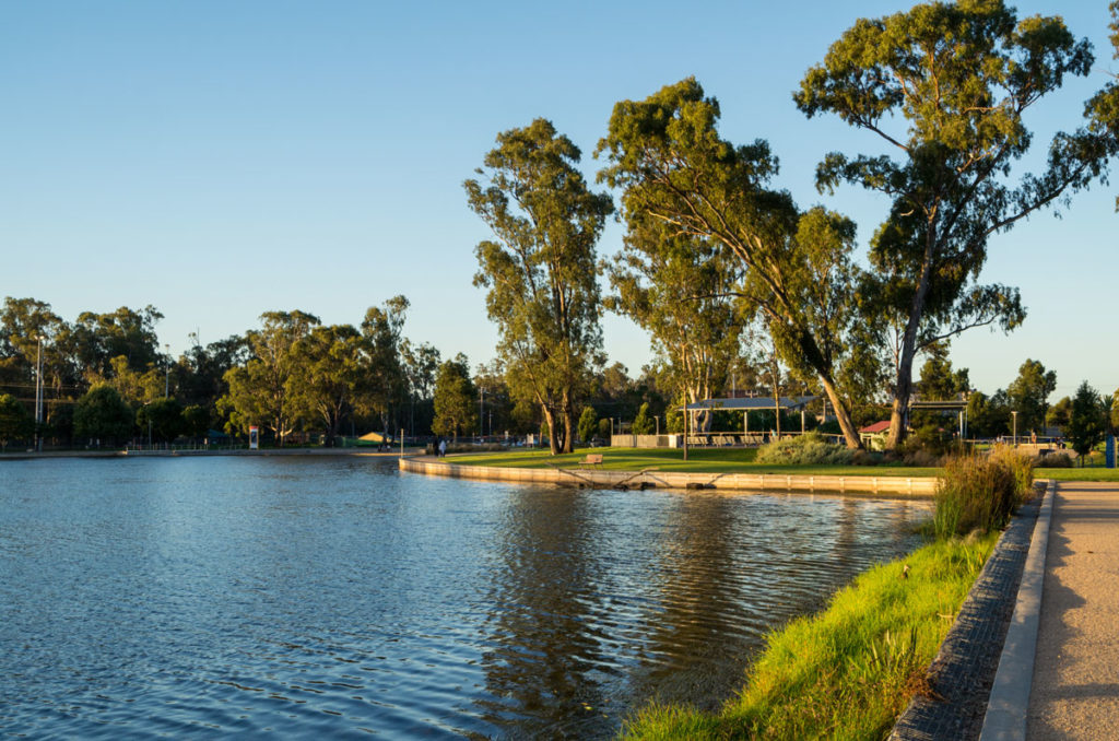 Victoria Park Lake in the regional Goulburn Valley town of Shepparton, Australia.
